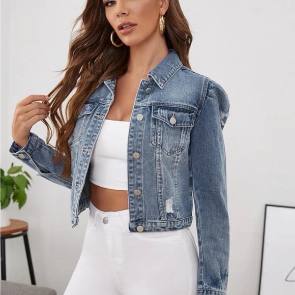 Boho Distressed Ripped Cropped Denim Jeans Jacket - Picture 3 of 5